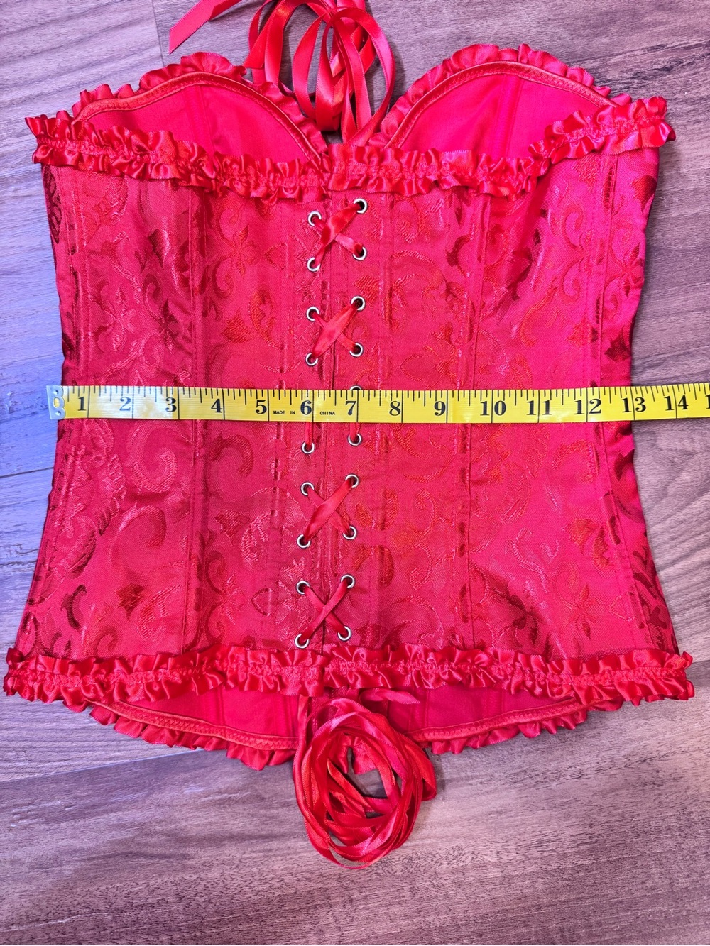 Red Satin Brocade Corset Top With Ruffles and Ribbons size M - Picture 9 of 11